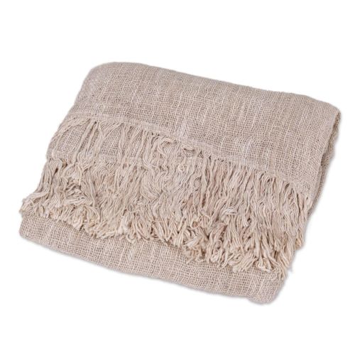  NOVICA Beige Hand Woven Cotton Throw Blanket, Alabaster Madura