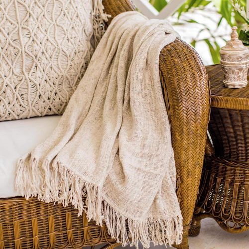  NOVICA Beige Hand Woven Cotton Throw Blanket, Alabaster Madura