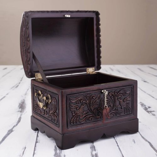  NOVICA Brown Bird Theme Treasure Chest Tooled Leather and Wood Decorative Box, Andean Flight