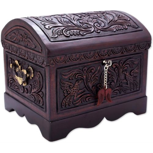  NOVICA Brown Bird Theme Treasure Chest Tooled Leather and Wood Decorative Box, Andean Flight