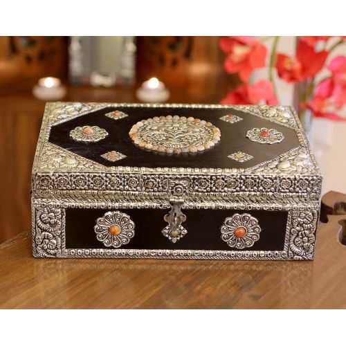  NOVICA Nickel Repousse Mango Wood Jewelry Box with Glass Accents, Antique Sophistication