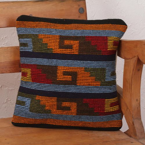  NOVICA Red Geometric Wool and Cotton Throw Pillow Cover, Sun of Oaxaca