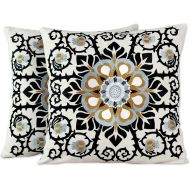 NOVICA Set of 2 Embroidered Applique White and Black Floral Cushion Covers Jaipur Blossom
