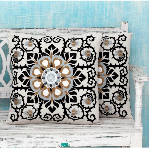  NOVICA Set of 2 Embroidered Applique White and Black Floral Cushion Covers Jaipur Blossom