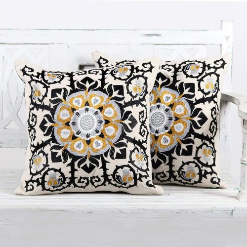  NOVICA Set of 2 Embroidered Applique White and Black Floral Cushion Covers Jaipur Blossom