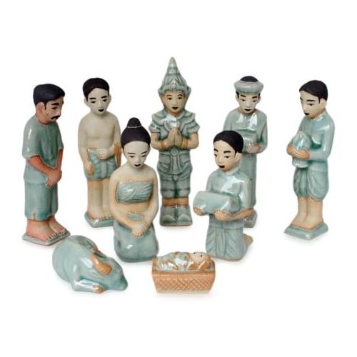  NOVICA Blue Celadon Ceramic Handmade Christmas Holiday Nativity Scene, 5 Tall Thai Christmas (Set of 9)