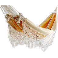 NOVICA Blue and Green 1 Person Cotton Hammock with White Crochet Fringe, Peaceful (Single)