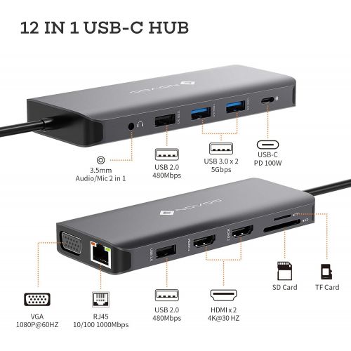  NOVOO USB C Docking Station Dual Monitor HDMI for Dell HP, Laptop Docking Station USB Type C Hub Multiport Adapter Thunderbolt 3 Dongle USB-C to 2 HDMI, Ethernet,VGA,4 USB,PD,SD/TF