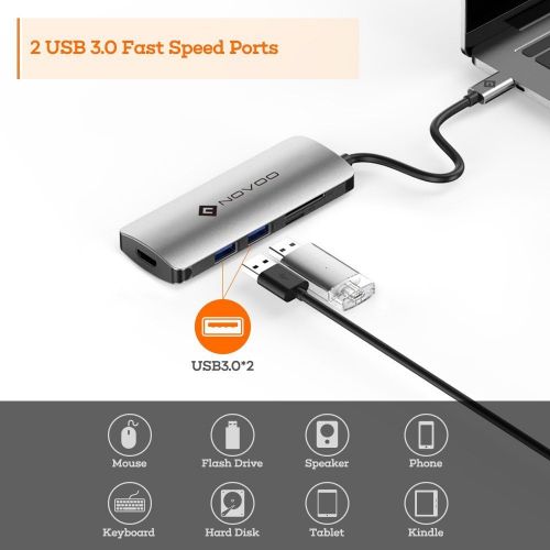  NOVOO USB C Hub with PD Power Delivery, 6 in 1 USB Type C Adapter with 60W PD Charging Port, 2 USB 3.0 Ports, 1 SD Memory Port, 1 Micro SD Card Reader Compatible with MacBook and W