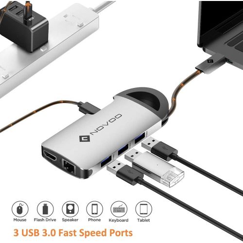 USB C Hub NOVOO Type C Adapter with HDMI 4K Adapter, 3 USB 3.0 ports, SDTF Card Reader, 1000M Ethernet USB C Power Delivery PD (60W) compatible MacBook Pro 20172016, HW MateBook,