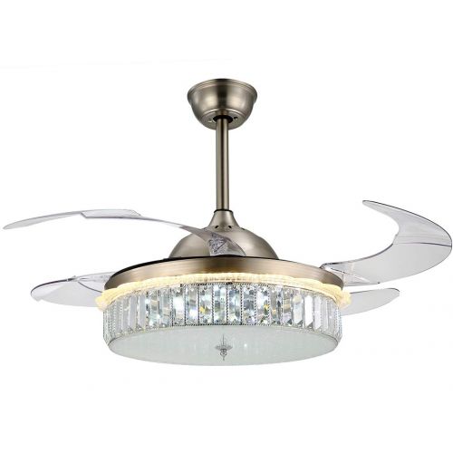  NOXARTE 42 Inch Promote Natural Ventilation Brushed Nickel Fandelier Crystal Invisible Fan LED Dimmable (WarmDaylightCool White) Chandelier Ceiling Fan with Lights Retractable Fa