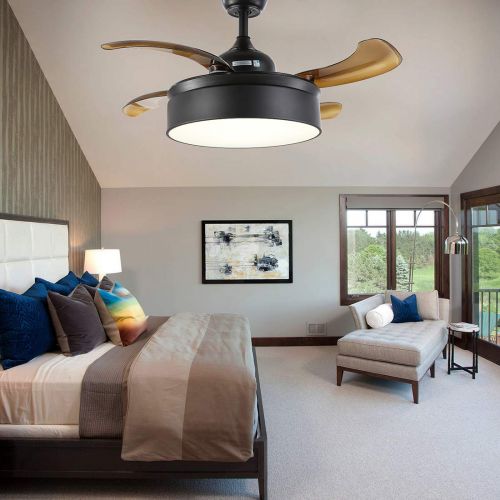  NOXARTE 36 Inch Promote Natural Ventilation Black Shade Invisible Fan LED Dimmable (WarmDaylightCool White) Chandelier Foldable Ceiling Fans With Lights Retractable Fan Fandelier