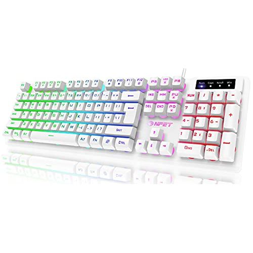  NPET K10 Gaming Keyboard, LED Backlit, Spill-Resistant Design, Multimedia Keys, Quiet Silent USB Membrane Keyboard for Desktop, Computer, PC (White)