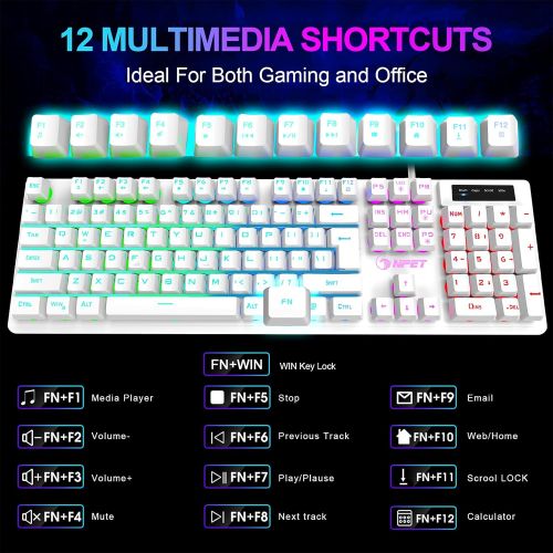  NPET K10 Gaming Keyboard, LED Backlit, Spill-Resistant Design, Multimedia Keys, Quiet Silent USB Membrane Keyboard for Desktop, Computer, PC (White)