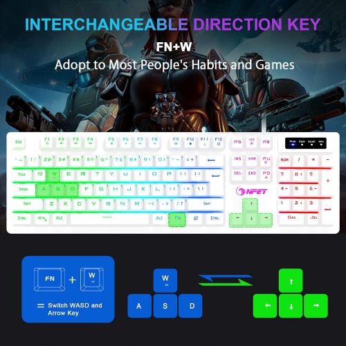  NPET K10 Gaming Keyboard, LED Backlit, Spill-Resistant Design, Multimedia Keys, Quiet Silent USB Membrane Keyboard for Desktop, Computer, PC (White)