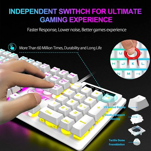  NPET K10 Gaming Keyboard, LED Backlit, Spill-Resistant Design, Multimedia Keys, Quiet Silent USB Membrane Keyboard for Desktop, Computer, PC (White)