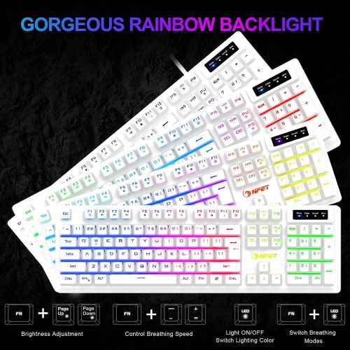  [아마존베스트]NPET K10 Gaming Keyboard USB Wired Floating Keyboard, Quiet Ergonomic Water-Resistant Mechanical Feeling Keyboard, Ultra-Slim Rainbow LED Backlit Keyboard for Desktop, Computer, PC