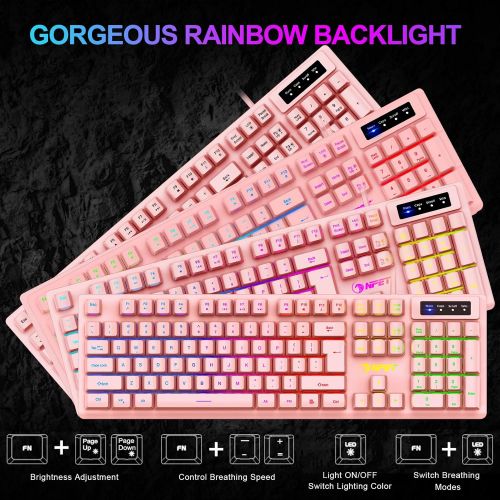  [아마존베스트]NPET K10 Gaming Keyboard USB Wired Floating Keyboard, Quiet Ergonomic Water-Resistant Mechanical Feeling Keyboard, Ultra-Slim Rainbow LED Backlit Keyboard for Desktop, Computer, PC