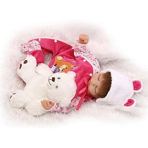  NPK Realistic Reborn Baby Dolls Girl 22 Sleeping Silicone Baby Doll Vinyl Lifelike Reborn Babies Eyes Closed Weighted Body Handmade Rose red Outfit Toddler Toy Gift Set for Ages 3+