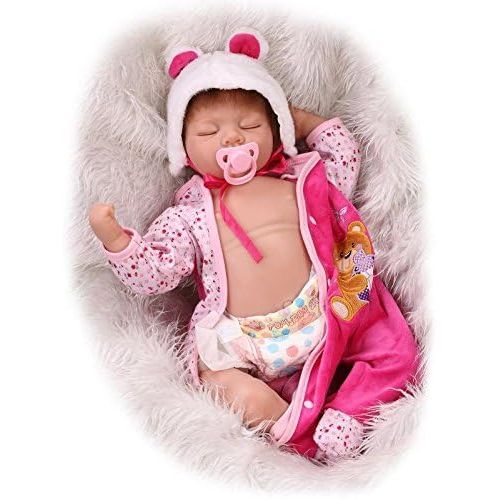  NPK Realistic Reborn Baby Dolls Girl 22 Sleeping Silicone Baby Doll Vinyl Lifelike Reborn Babies Eyes Closed Weighted Body Handmade Rose red Outfit Toddler Toy Gift Set for Ages 3+