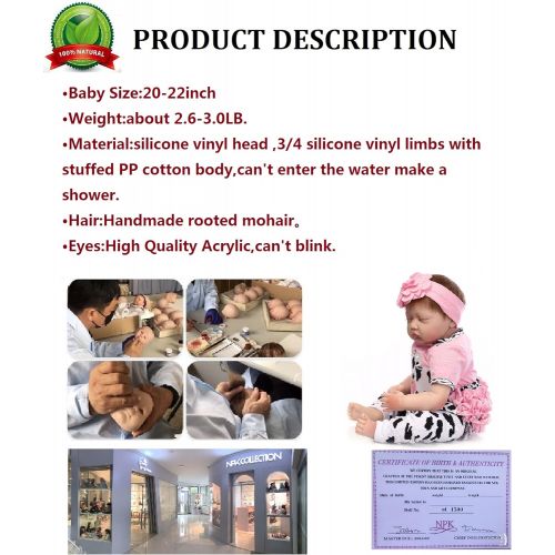  NPK reborn Baby Doll Girl Realistic Sleeping Silicone Vinyl 22 Weighted Body Real Life Pink with Cow Pattern...