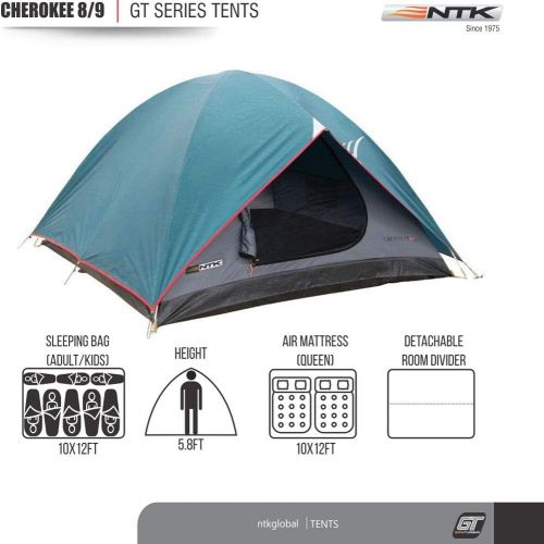  NTK Cherokee GT 8 to 9 Person 10 by 12 Foot Outdoor Dome Family Camping Tent 100% Waterproof 2500mm, Easy Assembly, Durable Fabric Full Coverage Rainfly