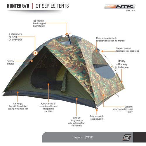  NTK HUNTER GT 5 to 6 Person 9.8 by 9.8 Foot Outdoor Dome Woodland Camo Camping Tent 100% Waterproof 2500mm, Easy Assembly, Durable Fabric Full Coverage Rain fly Micro Mosquito Mesh