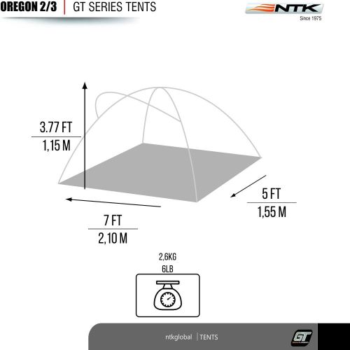  NTK Oregon GT 2 to 3 Person 5 by 7 Foot Outdoor Dome Family Camping Tent 100% Waterproof 2500mm, Easy Assembly, Durable Fabric Full Coverage Rainfly, Micro Mosquito Mesh