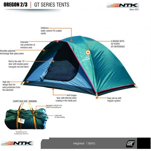  NTK Oregon GT 2 to 3 Person 5 by 7 Foot Outdoor Dome Family Camping Tent 100% Waterproof 2500mm, Easy Assembly, Durable Fabric Full Coverage Rainfly, Micro Mosquito Mesh