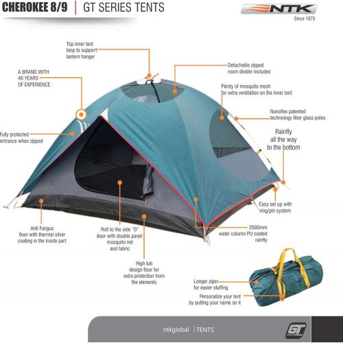  NTK Cherokee GT 8 to 9 Person 10 by 12 Foot Outdoor Dome Family Camping Tent 100% Waterproof 2500mm, Easy Assembly, Durable Fabric Full Coverage Rainfly - Micro Mosquito Mesh for M