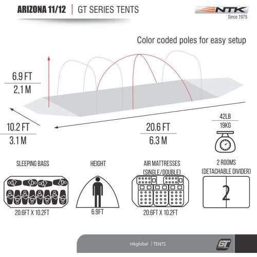  NTK Super Arizona GT up to 12 Person 20.6 by 10.2 by 6.9 Height Foot Sport Family XL Camping Tent 100% Waterproof 2500mm