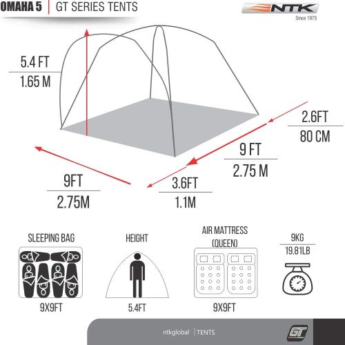  NTK Omaha GT 5 Person 9x9 Foot Outdoor Dome Family Camping Tent 100% Waterproof 2500mm, Easy Assembly, Durable Fabric Rainfly, Micro Mosquito Mesh for Extra Ventilation