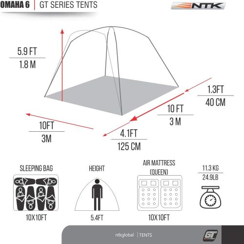  NTK Omaha GT 6 Person 10x10 Foot Outdoor Dome Family Camping Tent 100% Waterproof 2500mm, Easy Assembly, Durable Fabric Rainfly, Micro Mosquito Mesh for Extra Ventilation