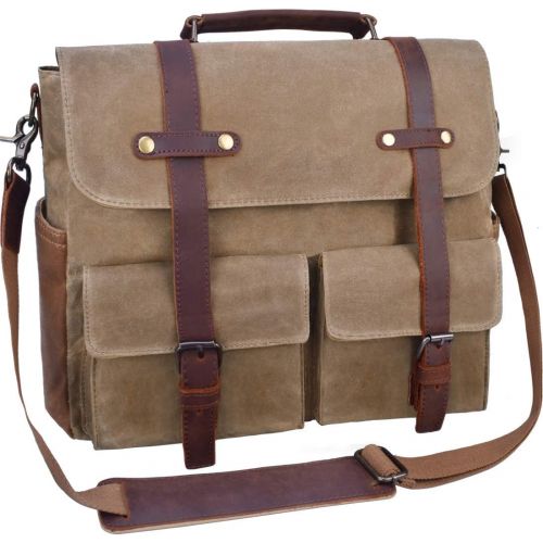  [아마존 핫딜]  [아마존핫딜]NUBILY Laptop Messenger Bag for Men 15.6 Inch Waterproof Vintage Waxed Canvas Briefcase Genuine Leather Satchel Shoulder Bag Large Retro Computer Laptop Bag,Khaki