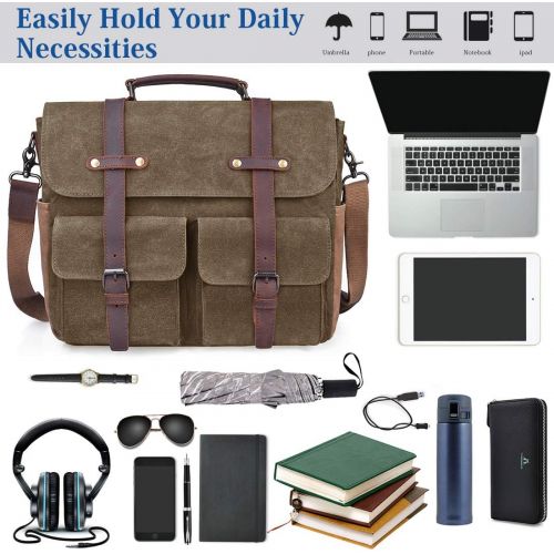  [아마존 핫딜]  [아마존핫딜]NUBILY Laptop Messenger Bag for Men 15.6 Inch Waterproof Vintage Waxed Canvas Briefcase Genuine Leather Satchel Shoulder Bag Large Retro Computer Laptop Bag,Khaki