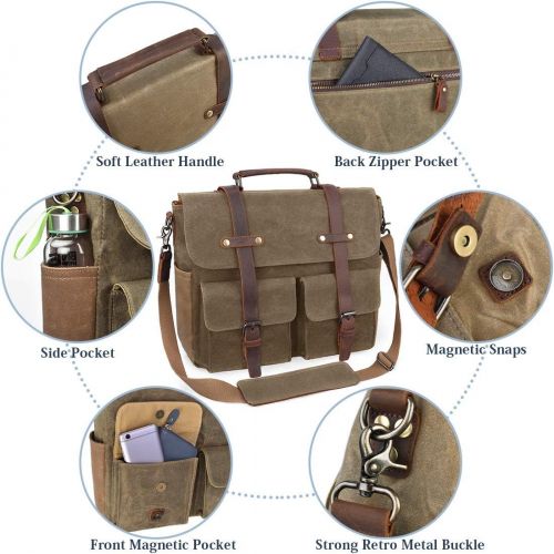  [아마존 핫딜]  [아마존핫딜]NUBILY Laptop Messenger Bag for Men 15.6 Inch Waterproof Vintage Waxed Canvas Briefcase Genuine Leather Satchel Shoulder Bag Large Retro Computer Laptop Bag,Khaki