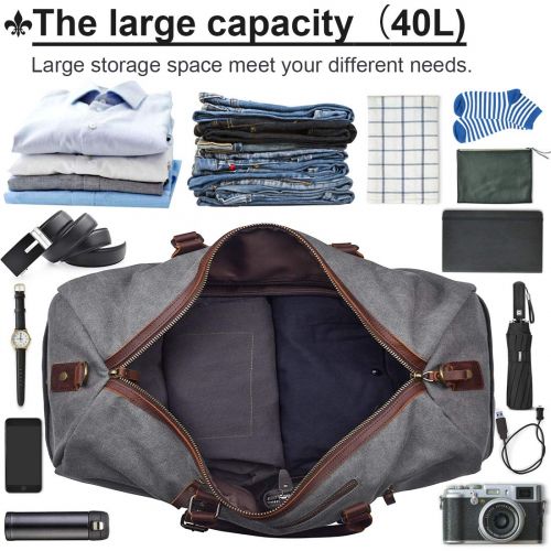  NUBILY Travel Duffel Bag Large Canvas Duffle Bag for Men Women Leather Weekender Overnight Bag Carryon Weekend Bag Grey