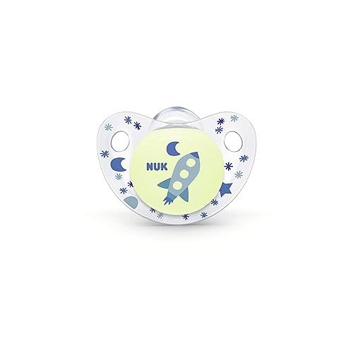 누크 NUK Cute-as-a-Button Glow-in-The-Dark Orthodontic Pacifiers, Boy, 0-6 Months, 2-Pack