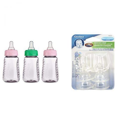 누크 NUK First Essentials 5-Ounce Clear View Bottles, Slow Flow with Gerber First Essential 6 Pack Silicone Nipples, Slow Flow