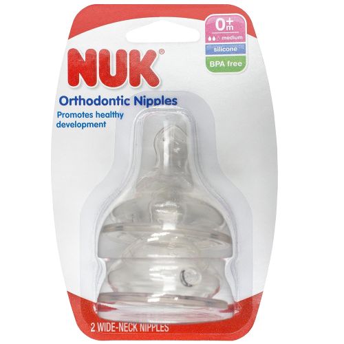 누크 NUK Wide Neck Silicone Nipple, Medium Flow, Size 1, 2-Count (1 Package)