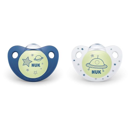 누크 NUK Cute-as-a-Button Glow-in-The-Dark Orthodontic Pacifiers, 6-18 Months, 2 Pack, Baby Boys