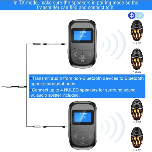  NUNET LED Bluetooth 5.0 Transmitter Receiver w. Display, Wireless Audio Adapter for TV Car Wired Headphone Speaker w. 3.5mm Aux Cable 2-Male RCA Cable & Headphone Splitter (1 Pack)