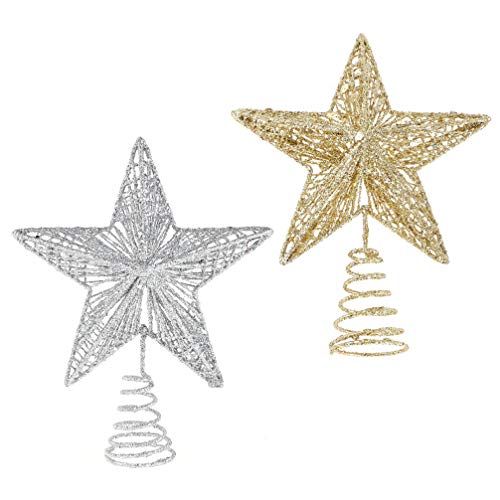  NUOBESTY 2pcs Christmas Tree Star Topper Golden Silver Glittered Treetop Xmas Tree Decoration for Seasonal Holiday Fireplace Home Window Decor