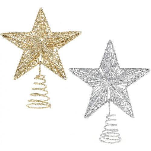  NUOBESTY 2pcs Christmas Tree Star Topper Golden Silver Glittered Treetop Xmas Tree Decoration for Seasonal Holiday Fireplace Home Window Decor