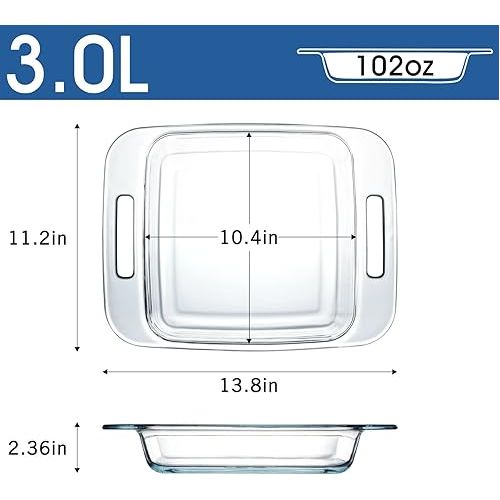  10in x 10in (3L-102 oz) Square Glass Baking Dish for Oven, Easy Grab Glass Baking Pan Oven Safe, Clear Microwave Oven Safe Glass Casserole Dish