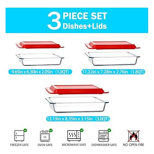  NUTRIUPS 3 Pieces Glass Baking Dish with Lid, Clear Rectangular Glass Casserole Dish with Lid Glass Baking Pan Set for Lasagna, Glass Bakeware Set(1QT+1.8QT+3QT)