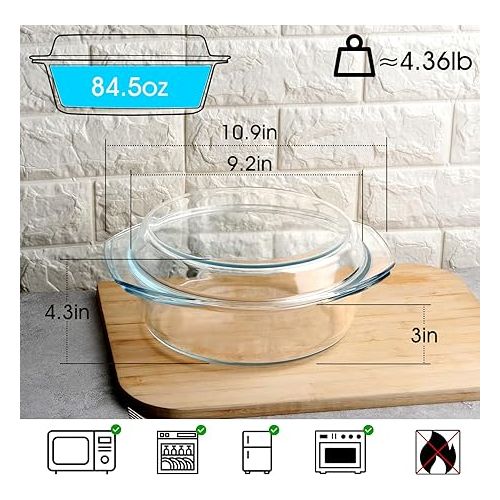  NUTRIUPS 2.5L Round Glass Casserole Dish with Glass Lid, Tempered Glass, Large Glass Microwave Bowls with Glass Lid