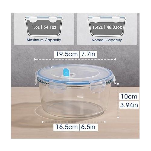  NUTRIUPS 1.6L Glass Food Storage Containers Set, Round Meal Prep Containers, Glass Bowls With Lid