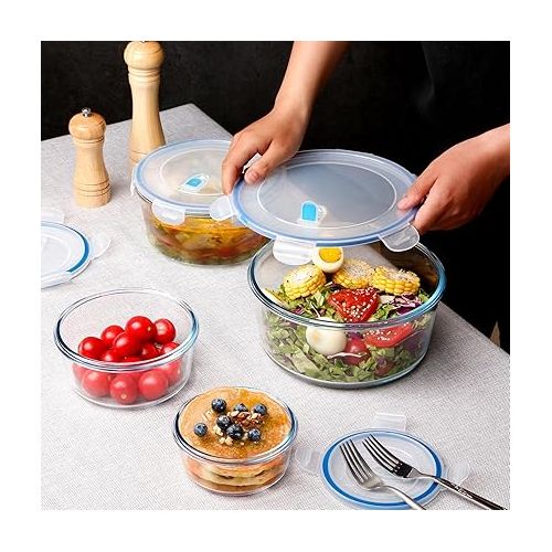  NUTRIUPS 1.6L Glass Food Storage Containers Set, Round Meal Prep Containers, Glass Bowls With Lid