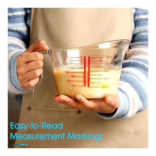  32oz (4-Cup) Glass Measuring Cup, Heighten Spout for Easy Pouring Measuring Glass, Clear with Red Measurements